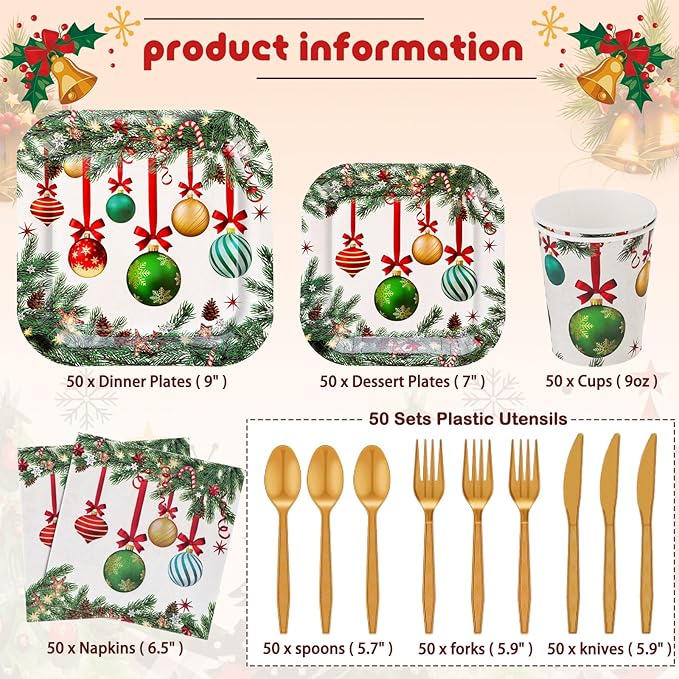 350 Pcs Christmas Party Supplies Christmas Tree Hanging Ball Party Tableware Set Square Paper Plates Disposable Napkins Cups Plastic Cutlery for Xmas Holiday Serves 50 Guests(Xmas Ball)