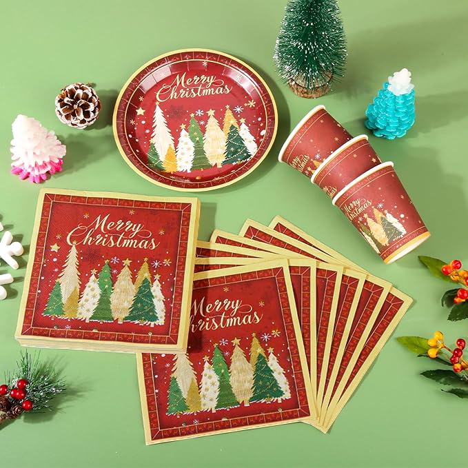 200Pcs Christmas Paper Plates Napkins and Cups Set, Xmas Disposable Party Dinnerware with Merry Tree Design, Holiday Tableware Supplies,Serves 50