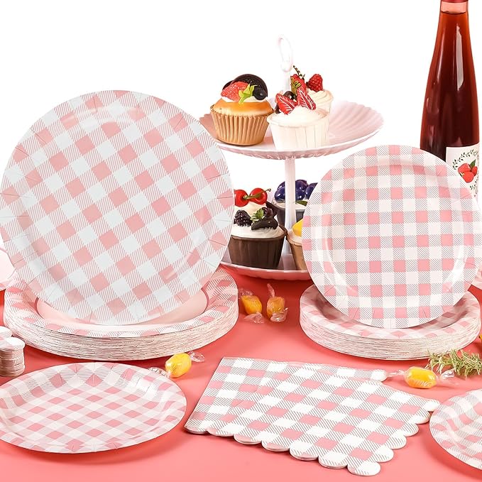200Pcs Pink Gingham Party Supplies Pink Gingham Paper Plates and Napkins Cups Checkered Plates Disposable Pinks and White Plaid Decor for Birthday Family Picnic BBQ Party,Serves 50 Guests