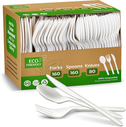 100% Compostable PLA Combo Cutlery Set Disposable Plastic Forks Spoons Knives 400 Pcs Biodegradable Utensils