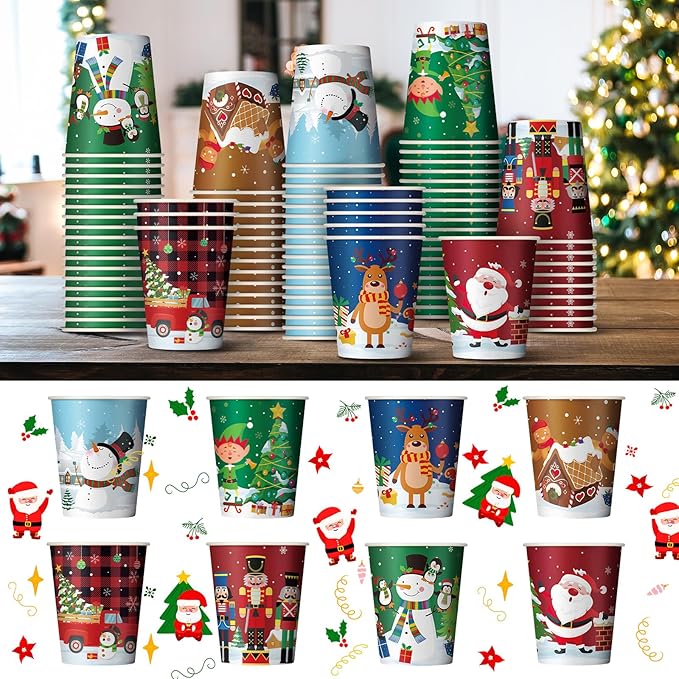 Zhehao 200 Pcs Christmas 9 oz Paper Cups Disposable Coffee Cups Santa Snowman Elk Disposable Hot Cups Xmas Party Drinkware Supplies for Holiday Tea Beverage Cocoa Cold Hot Drink (Xmas Tree Style)