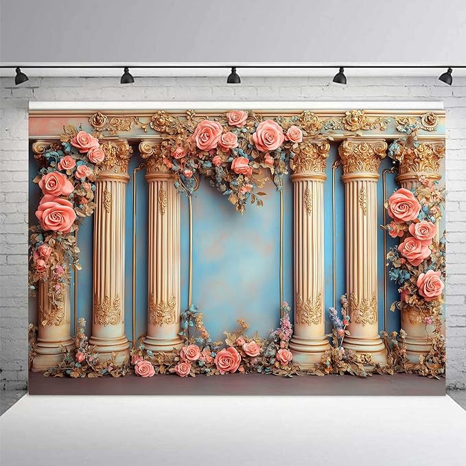 Romantic Pink Flower Background Indoor Pink and Blue Backdrop Palace Wedding Photo Backdrop for Bridal Shower Portrait Pageant Pageant Engagement Photography Backdrops YUNBDJ1850