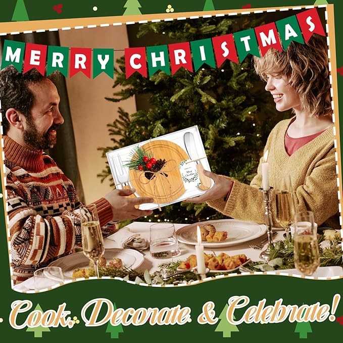 12Set Christmas Gifts Bamboo Round Cheese Board Set Cheese Knives Mini Cutting Board Set Cheese Board Gift Set Christmas Tags and Boxes Christmas Party Birthday