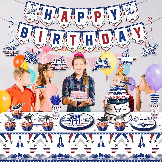 163PCS Air Force Party Fighter Jet Pilot Birthday Party Decorations ,Top Party Supplies Gun Plates and Napkins Military Jet Tableware,Banner, Hanging Swirls, Tablecloth, the Danger Zone Cake Topper