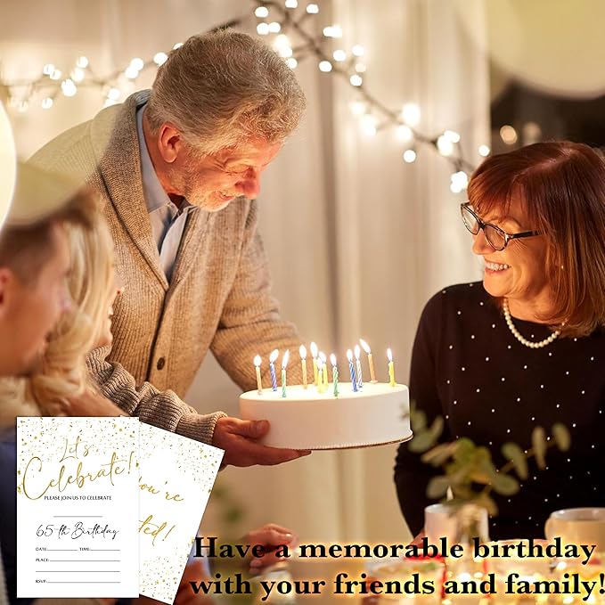 65th Birthday Invitations Cards, 4"x 6" White and Gold Confetti Birthday Party Invites with Envelopes for Party Decorations Supplies(20 Pieces) -D16