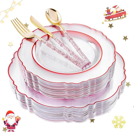 Liacere 150PCS Clear and Red Plastic Plates-Clear Red Disposable Plates with Glitter Bamboo Handle Cutlery-60 Baroque Elegant Plates,30 Forks,30 Spoons,30 Knives for Wedding&Christmas