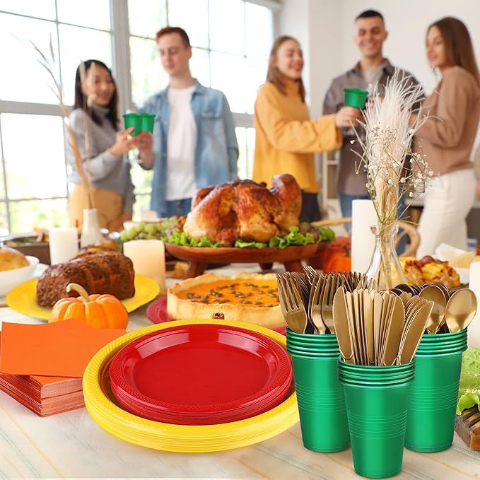 240 Pieces Fall Plastic Dinnerware Set Disposable Party Plates Napkins Cups and Silverware Dessert Dinner Plates for Birthday Wedding Thanksgiving Party Supplies, Serves 30 Guests