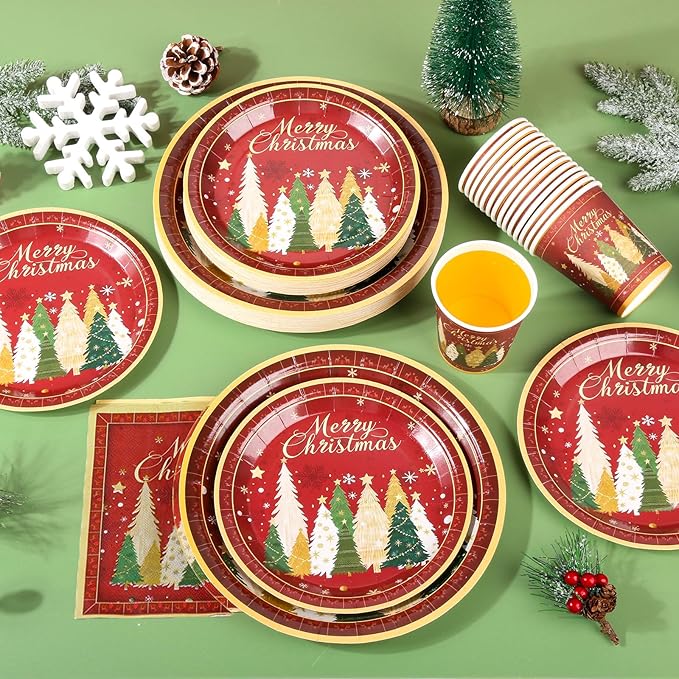 200Pcs Christmas Paper Plates Napkins and Cups Set, Xmas Disposable Party Dinnerware with Merry Tree Design, Holiday Tableware Supplies,Serves 50