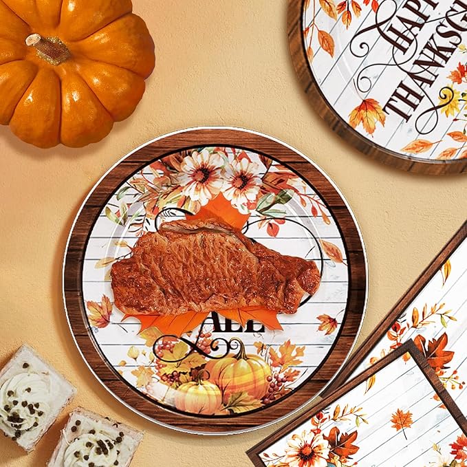 48Pcs Fall Birthday Decorations Thanksgiving Party Supplies Autumn Harvest Pumpkin Paper Plates and Napkins Set Decor Fall Birthday Party Decorations