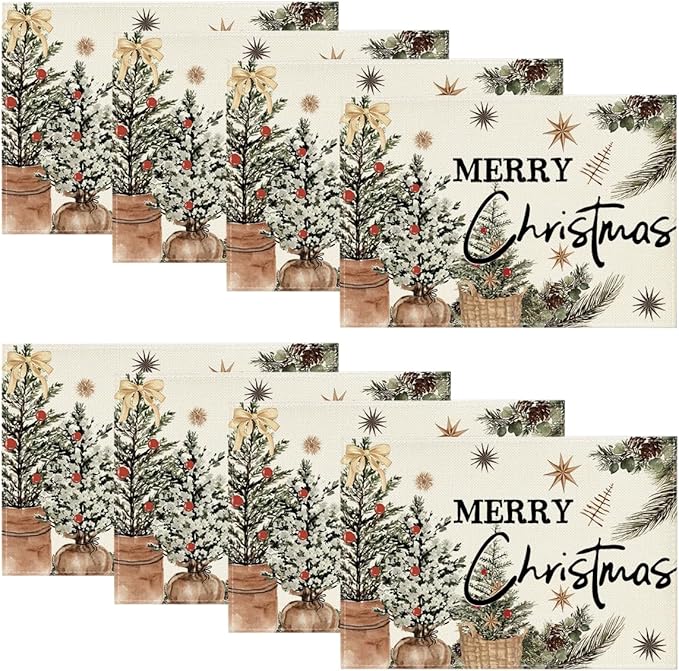 Artoid Mode Xmas Trees Holly Pine Cone Merry Christmas Placemats Set of 8, 12x18 Inch Seasonal Winter Holiday Table Mats for Party Kitchen Dining Decoration