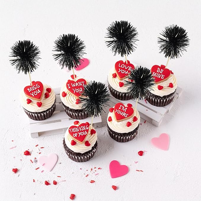 Ephlyn 30Pcs Foil Firework Cupcake Toppers Sparkle Tinsel Cupcake Picks Happy Birthday Cake Decorations Drink Stirrers Cocktail Food Fruit Toothpicks for Baby Shower Graduation Party Supplies Black