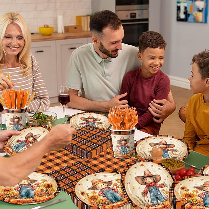 144Pcs Fall Thanksgiving Party Supplies Pumpkin Scarecrow Paper Plates and Napkins Orange Plaid Party Disposable Tableware for Birthday Decorations Serves 24