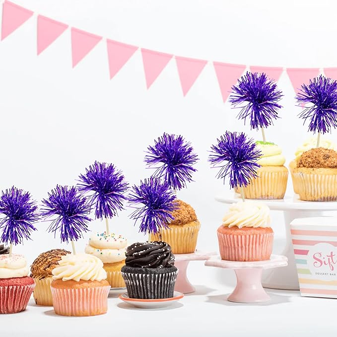 Gyufise 30Pcs Foil Firework Cupcake Toppers Sparkle Tinsel Cake Toppers Tinsel Drink Cake Decoration Cocktail Picks for Birthday Wedding Graduation Party Supplies Dark Purple