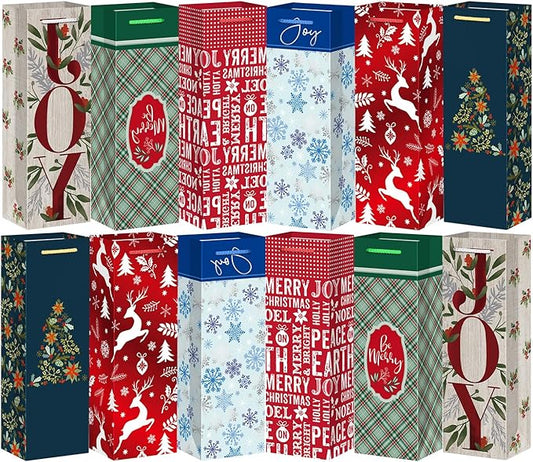 Xylitic 12 Pack Christmas Wine Bags Bulk with Handles, Holiday Wine Gift Bags for Bottles, Birthday Xmas Party Supplies, Drinkers Present (4.7” x 3.5” x 14”)
