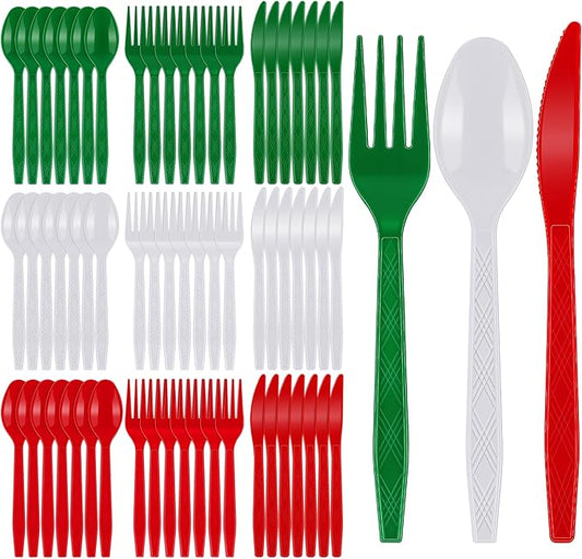 360 Pcs Christmas Silverware Disposable Flatware Cutlery - Red, Green, White Forks, Knives and Spoons Set - Plastic Serving Silverware for Holiday Party Supplies