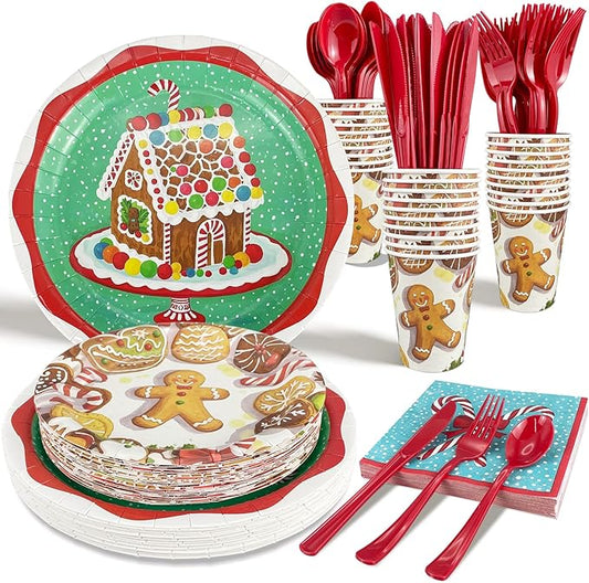Christmas Dinnerware Sets of Paper Plates, Cups, Napkins & Cutlery for 25 Guests, Gingerbread House Disposable Party Plates,Kids Xmas Holiday Decorations Party Tableware Sets for School Family 175 pcs