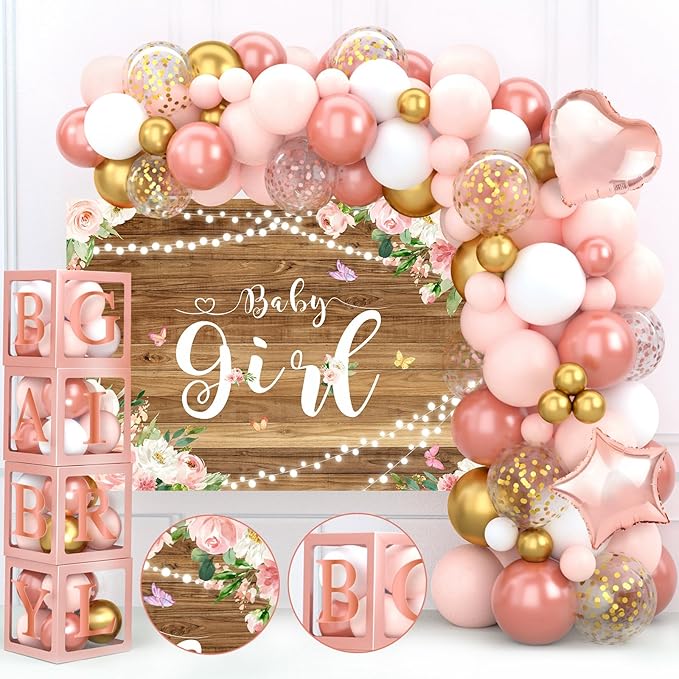 Rose Gold Retro Blush Pink Balloon Arch Garland Kit with Baby Balloon Boxes and Letters, Girl Birthday Backdrop for Butterfly Shower Decor
