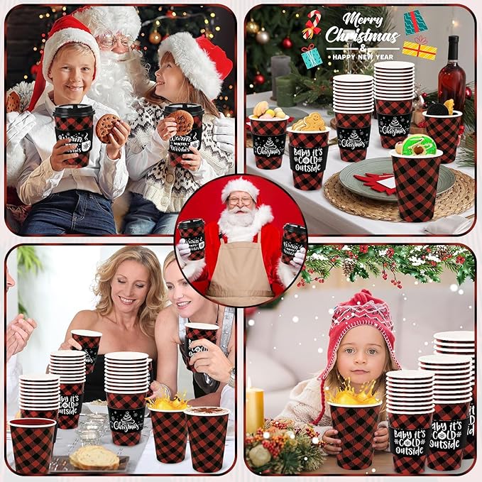 60 Pcs Christmas Buffalo Plaid Coffee Cups Christmas Paper Cups Disposable with Lids Sleeves and Stirrers 16 oz for Winter Christmas Hot Cocoa Party Supplies