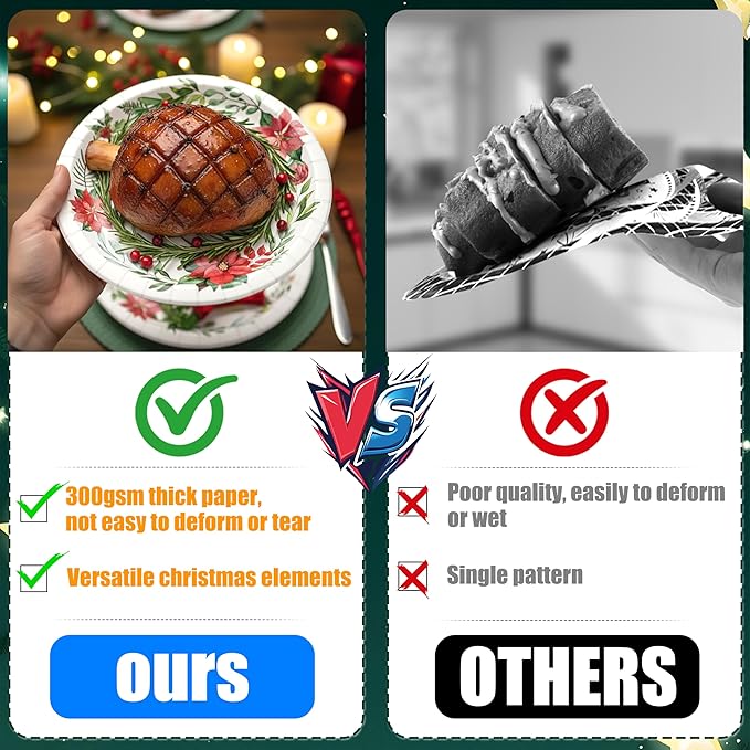 150Pcs Christmas Paper Plates and Napkins Disposable Heavy Duty Dinnerware Set Serve 50, Poinsettia Design Serving Platters, Merry & Bright Floral Tableware for Holiday Home Christmas Party Supplies