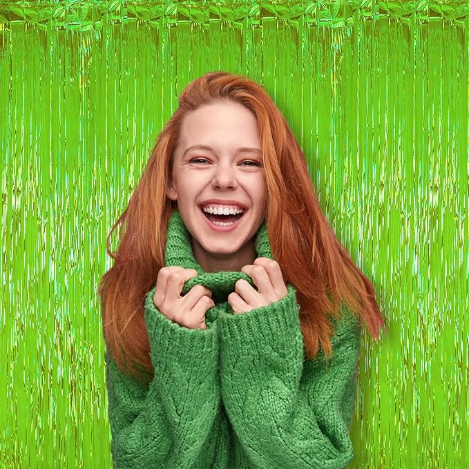 2 Pack Green Iridescent Tinsel Foil Fringe Curtains, Neon Party Decorations, Metallic Tinsel Party Streamers Backdrop for Birthday Baby Shower Halloween Wedding Party Decorations