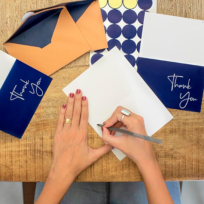 VNS Creations 20 Pack Thank You Cards With Envelopes, Stickers, 4x6 Inch Blank Thank You Notes - Bulk Box Set Large Notes for Graduation, Wedding, Small Business, Baby & Bridal Shower - Navy Blue