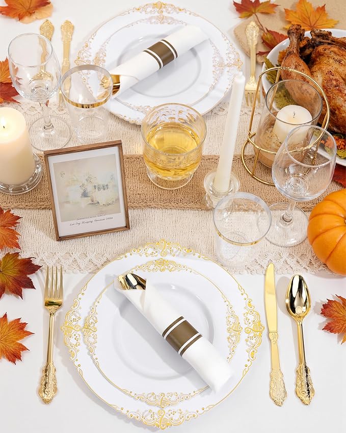 Nervure 175PCS Gold Plastic Plates - Disposable White Gold Party Plates & Pre Rolled Napkins with Cutlery for 25 Guests, 50Plates, 75Silverware, 25Cups, 25Napkin for Wedding & Party & Thanksgiving