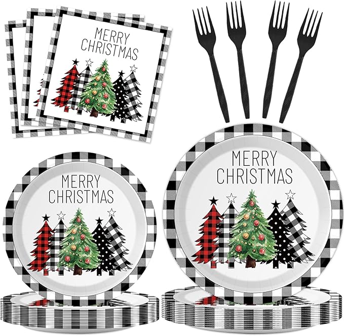96 Pieces Buffalo Plaid Christmas Tree Tableware Set for Christmas Party Black and White Gingham Buffalo Plaid Decorations Disposable Dessert Paper Plates Napkins Forks for 24 Guests