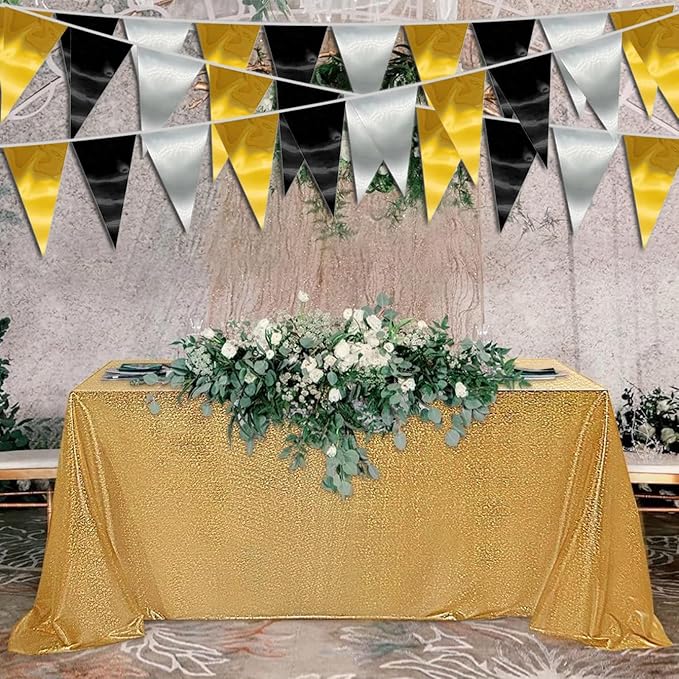 40M/130FT Black Gold Silver Triangle Pennant Banner Flag Metallic Fabric Bunting Garland for Christmas Wall Hanging,Graduation Decorations, New Years Decorations,Father' Da