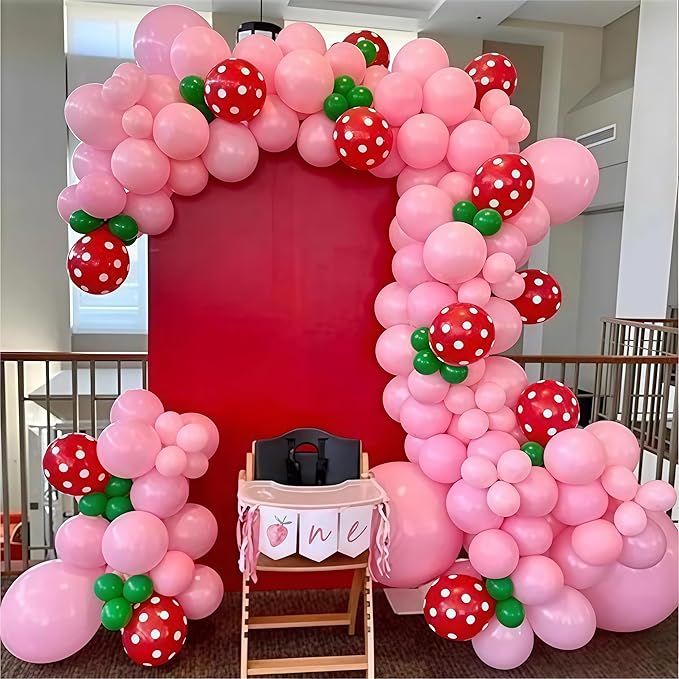 Strawberry Balloon Arch Garland Kit, Red and Hot Pink Balloons with Strawberry Printed and Green Long Latex Balloons for Girls Sweet One Berry First Birthday Baby Shower Princess Decoration Supplies