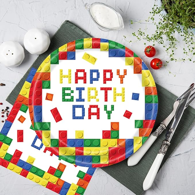 40Pcs Building Block Plates and Napkins Party Supplies, Disposable Colorful Building Block Birthday Party Plates Napkins Tableware Set for Boys Birthday Party Decorations Serve 20 (Building Block)