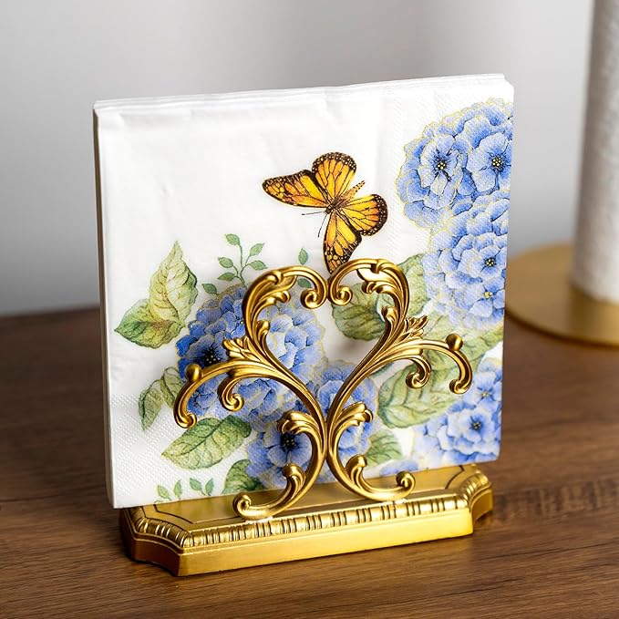 1 Gold Napkin Holder and 50 PCS Hydrangea Paper Napkins,Brass Napkin Holder,Classic combination and matching,Modern Dining Table Decor, Home Decor