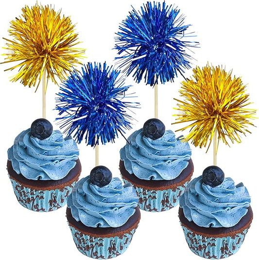 Gyufise 30Pcs Foil Firework Cupcake Toppers Sparkle Tinsel Cake Toppers Tinsel Drink Cake Decoration Cocktail Picks for Birthday Wedding Graduation Party Supplies Gold Dark Blue