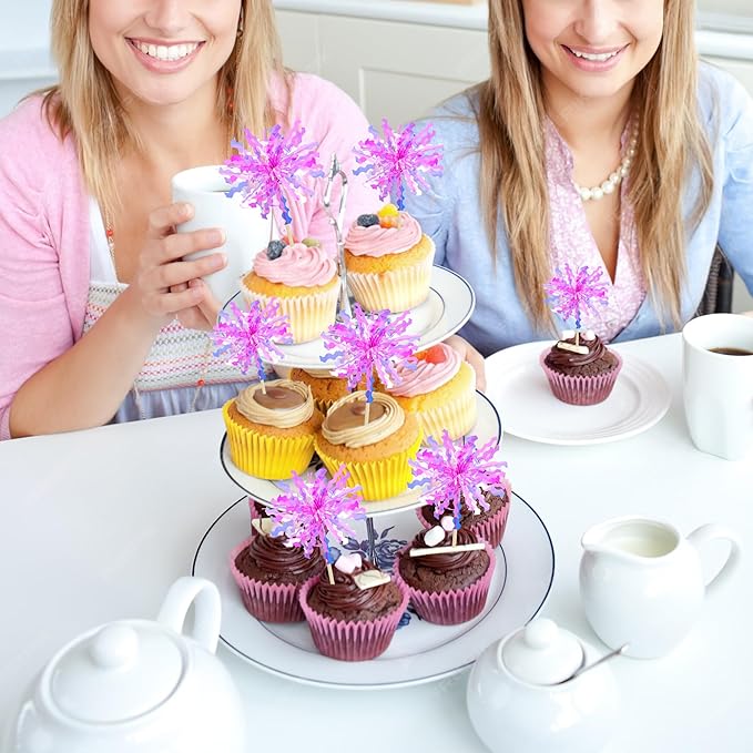 Gyufise 20Pcs Foil Firework Cupcake Toppers Happy Birthday Cake Toppers Sparkle Tinsel Flower Drink Stirrers Cocktail Food Fruit Toothpicks for Valentine's Day Party Supplies Rose Red