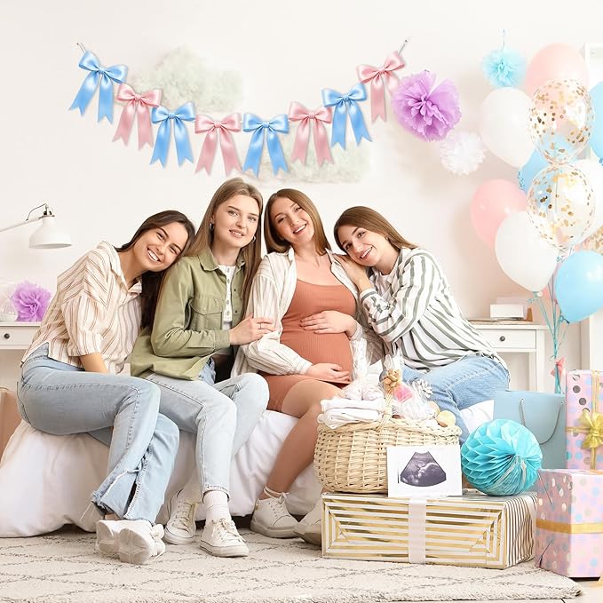 1 String of 8PCS Baby Pink&Baby Blue Bow Garland Banner Decoration,Pre-Strung Satin Ribbon Ornaments for Gender Reveal Party,Baby Shower,Birthday,Bridal Shower,Graduation Decor,Anniversary,Wedding