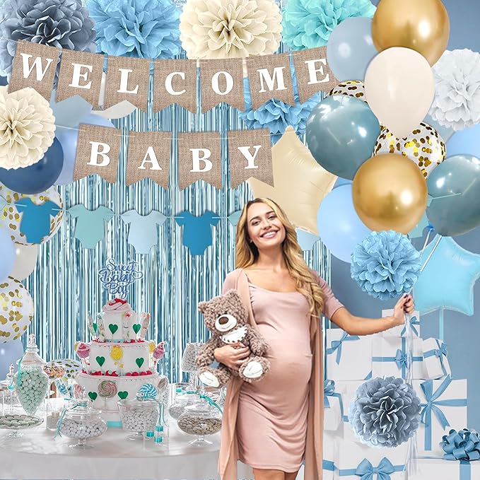 Dusty Blue Baby Shower Decorations- Boy Baby Shower Decor Set with- Welcome Baby Banner, Clothes Banner, Cake Topper, Tissue Pom Poms, Dusty Blue Balloons | Boho Baby Boy Shower Decorations
