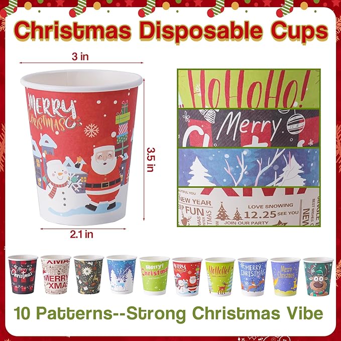 120 Pcs Christmas Disposable Paper Cups 9oz Coffee & Tea Cup with 10 Holiday Designs Christmas Hot Chocolate Cocoa Cup Drinkware Xmas Drink Cups for Cold/Hot Beverage Winter Party Supplies