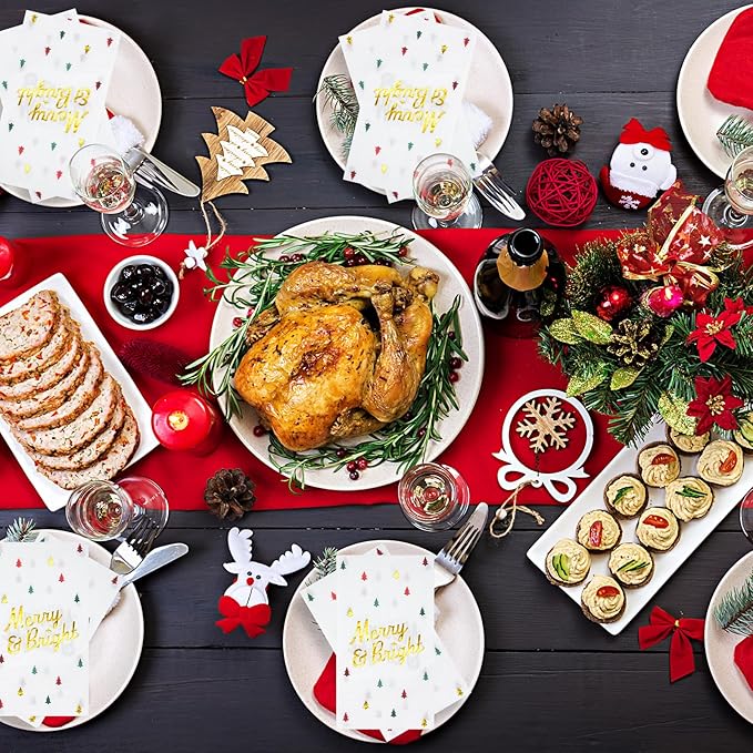 100 Pcs Christmas Tree Paper Napkins Disposable, Merry Bright Red Green Gold Foil Cocktail Napkins, Xmas Holiday Party Guest Dinner Napkin Hand Towels for Christmas Winter Party Supplies, 4.3x7.9 Inch