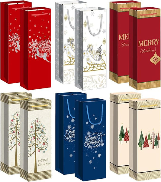 Xylitic 12 Pack Christmas Wine Bags with Handles, Holiday Wine Gift Bags for Bottles, Winter Wedding Birthday Xmas Party Supplies (4.7” x 3.5” x 14”)