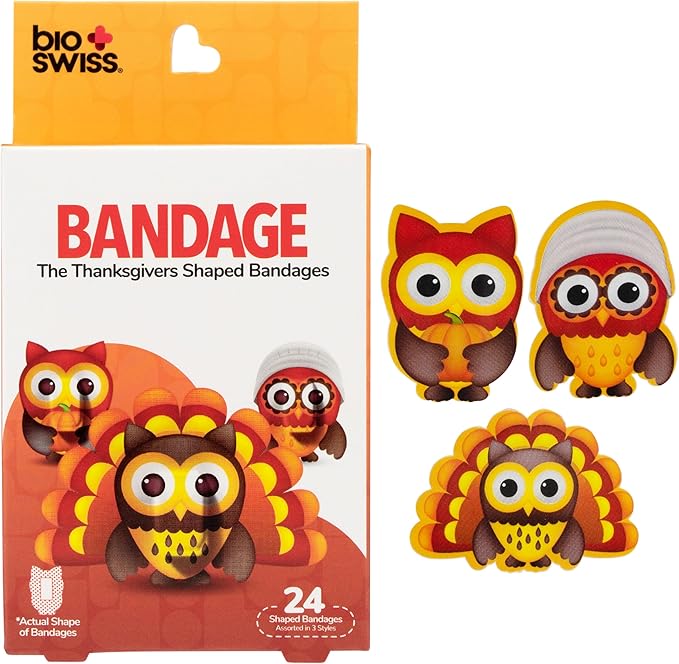 BioSwiss Kids Bandages, Thanksgiving Shaped Self Adhesive Bandage Set, Latex Free, Sterile Wound Care, 24 Count