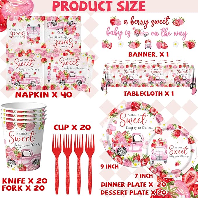 Strawberry Baby Shower Decorations,A Berry Sweet Baby Is On The Way Plates and Napkins Tablecloth Supplies Watercolor Strawberry Birthday Tableware Set for Girl Baby Shower Party