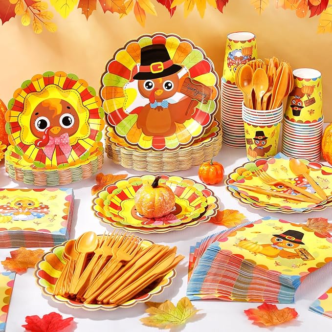 Pickmesh 400 Pcs Turkey Thanksgiving Party Supplies Include Disposable Paper Plates Napkins Cups Cutlery Harvest Dinnerware for Fall Autumn Thanksgiving Party Decorations Serve 50