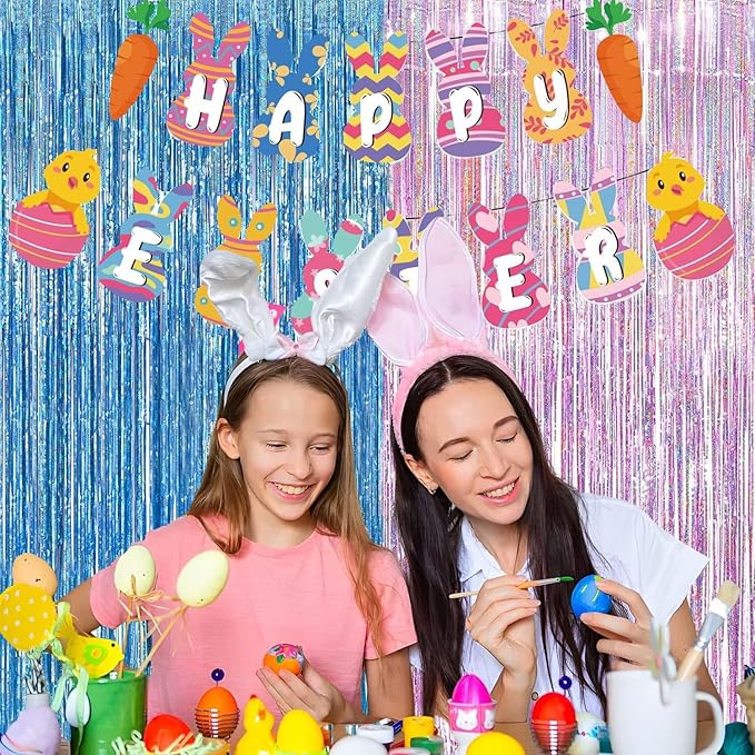 BRAVESHINE Pink Blue Tinsel Foil Fringe Curtains - 2Pcs 3.2x8.2ft Holidays Photo Streamers Backdrop for Christmas/Mermaid/Princess/Easter/Girl or Boy Birthdays/Bridal Shower Party Supplies Decorations