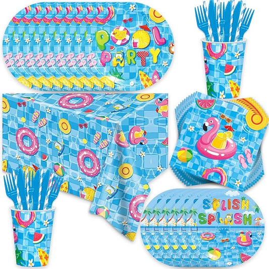 141Pcs Pool Party Decorations for 20 Guests - Summer Beach Birthday Party Plates and Napkins Forks Knives Straws for Baby Shower Swimming Pool Summer Birthday Decorations