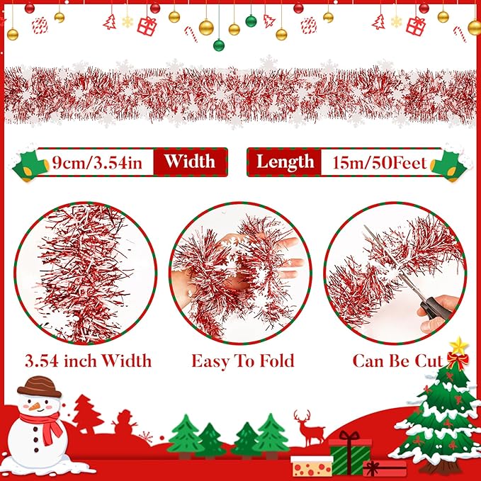 50Ft Christmas Tinsel Garland, Red and Snowflake Tinsel Garland Metallic Twist Shiny Garland for Xmas Tree Decorations, Tinsel for New Year Party Ceiling Hanging Decorations Indoor and Outdoor Decor