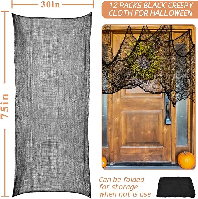 ZeeDix 12 Pack Black Halloween Creepy Cloth 30 x 75 Inch Halloween Decoration Spooky Scary Gauze Cloth Black Cheesecloth for Party Supplies Outdoor Yard Home Wall Doorways