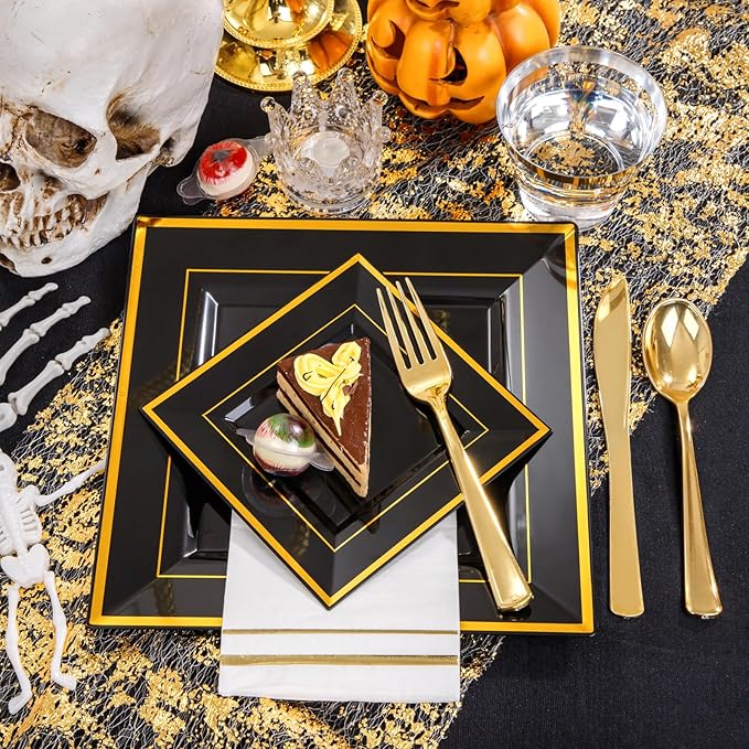 Festiva 350Pcs Black and Gold Plastic Plates-50Guests Disposable Square Black Dinnerware Set include 100 Plastic Plates,50Cups,150Plastic Cutlery,50Napkins for Halloween Party &Wedding&New Year
