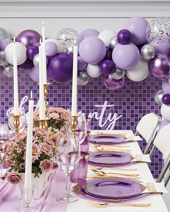 Nervure 175PCS Purple Plastic Plates - Disposable Purple Gold Party Plates & Pre Rolled Napkins with Cutlery for 25 Guests, 50Plates, 75Silverware, 25Cups, 25Napkin for Wedding & Party