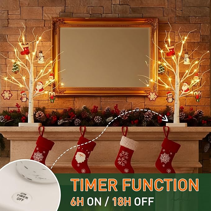 EAMBRITE Lighted Birch Tree with Christmas Ornaments, 2 Pack Small Christmas Trees with Led Lights, White Twinkling Tree Decorations Tabletop Centerpieces for Home Table Bedroom Indoor Decor (22inch)