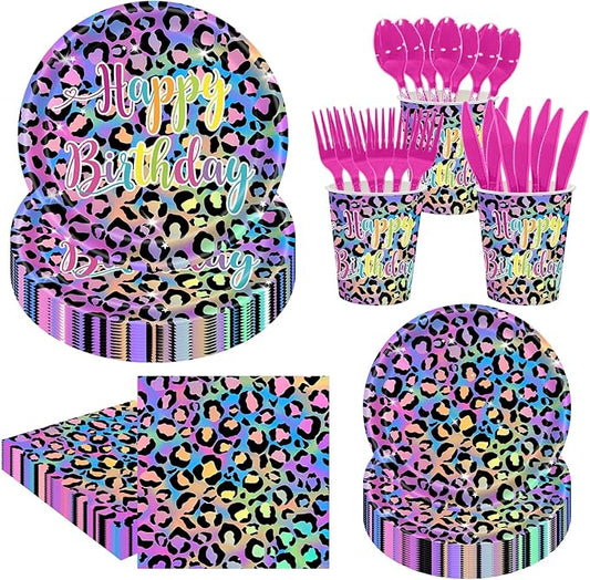 140Pcs Leopard Print Party Decorations,Jungle Animal theme Decorations Include Tableware, Plate, Cup, Napkin, Cutlery, Animal Cheetah Print Birthday Party Supplies Serve 20