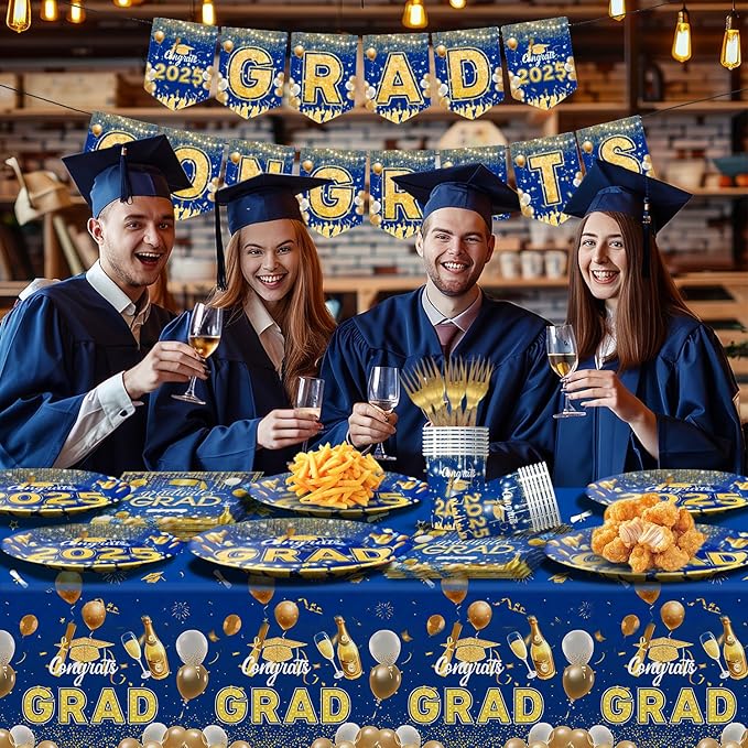128 Pcs Blue And Gold Graduation Decorations 2025,Graduation Decorations 2025 Deals Set Include Tablecloth , Paper Plates, Cups,Forks, Napkins, Grad Banner Is Suit For Any Grad Party.